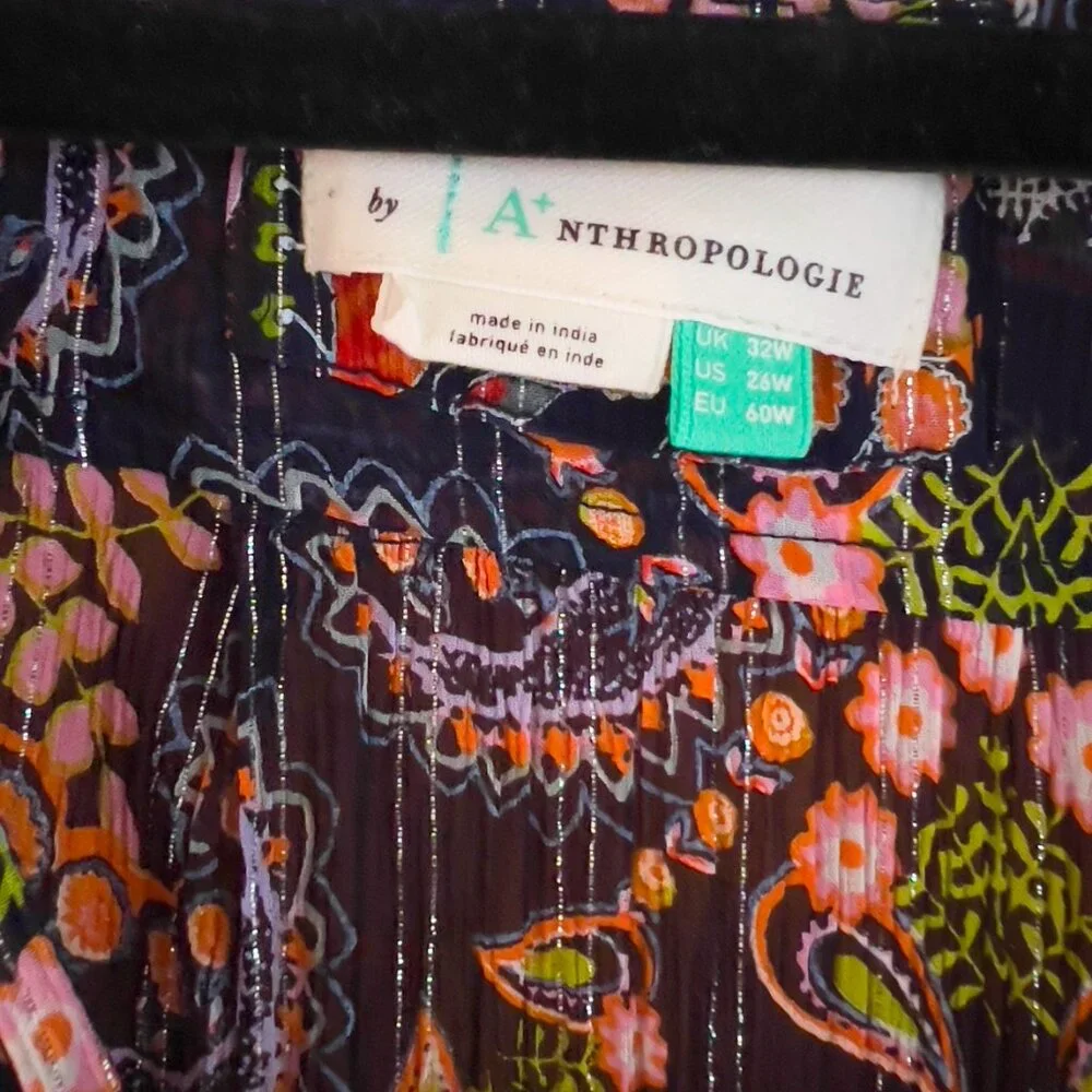 Anthropologie Green Paisley Midi Dress with Navy & Pink Accents